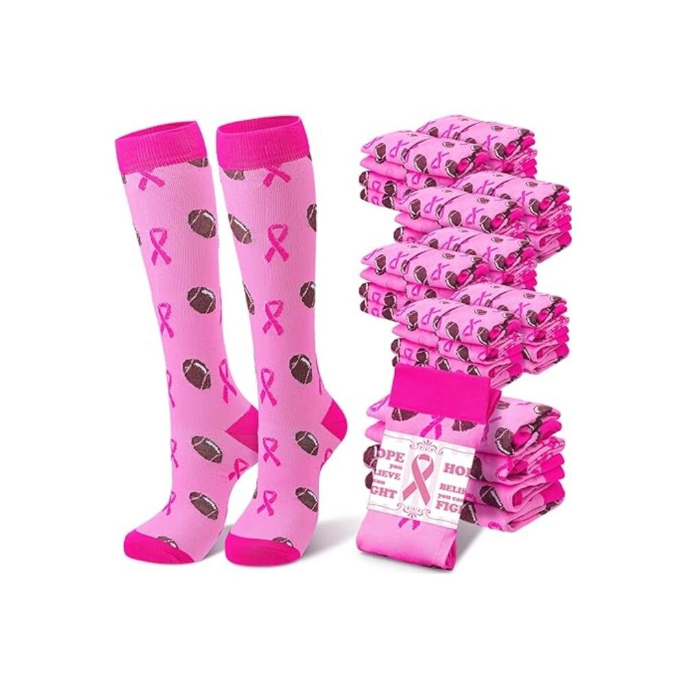 2 Pair Compression Neuropathy Breast Cancer Awareness Pink Ribbon Football Socks